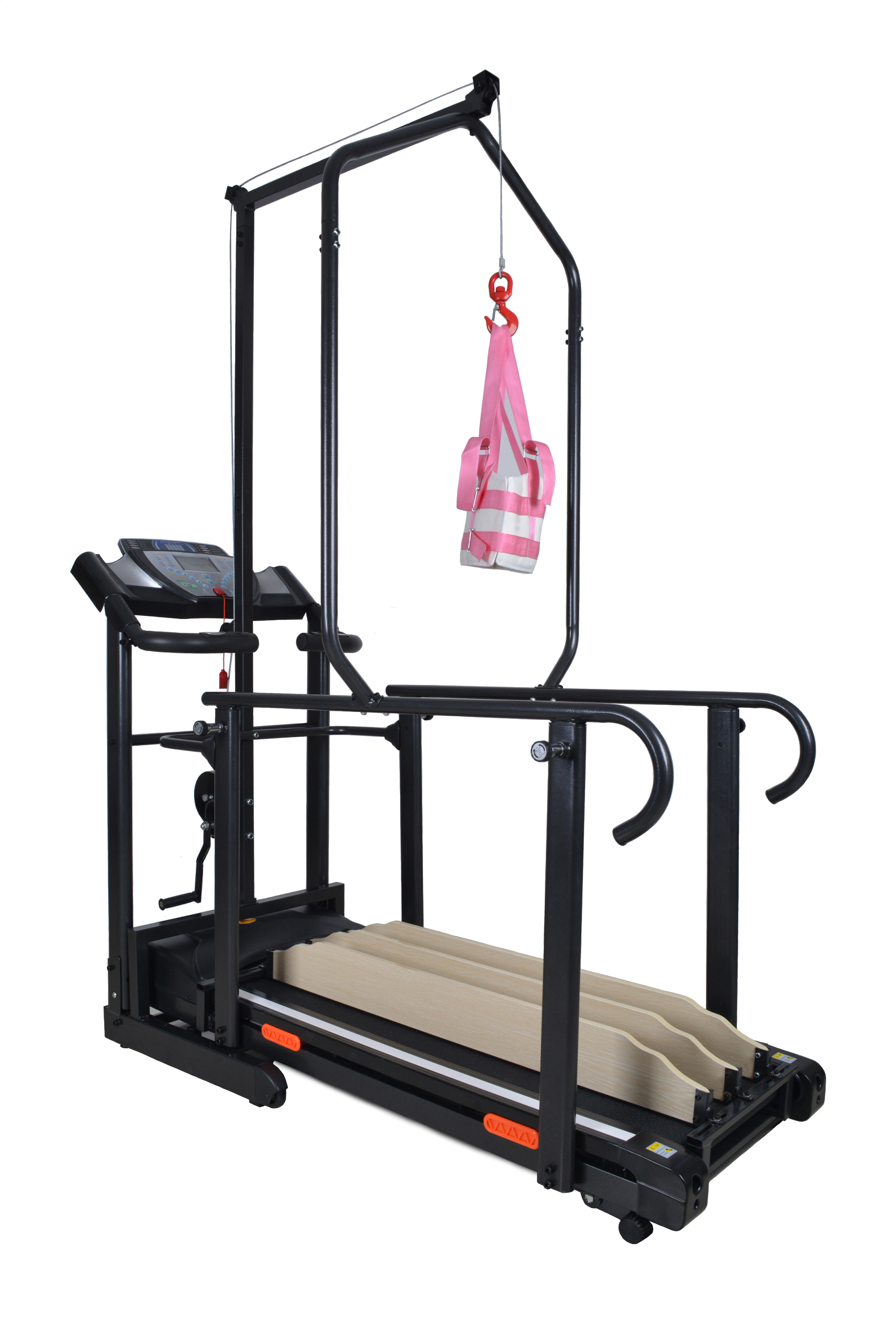 Hydrotherapy treadmill with overhead harness support system